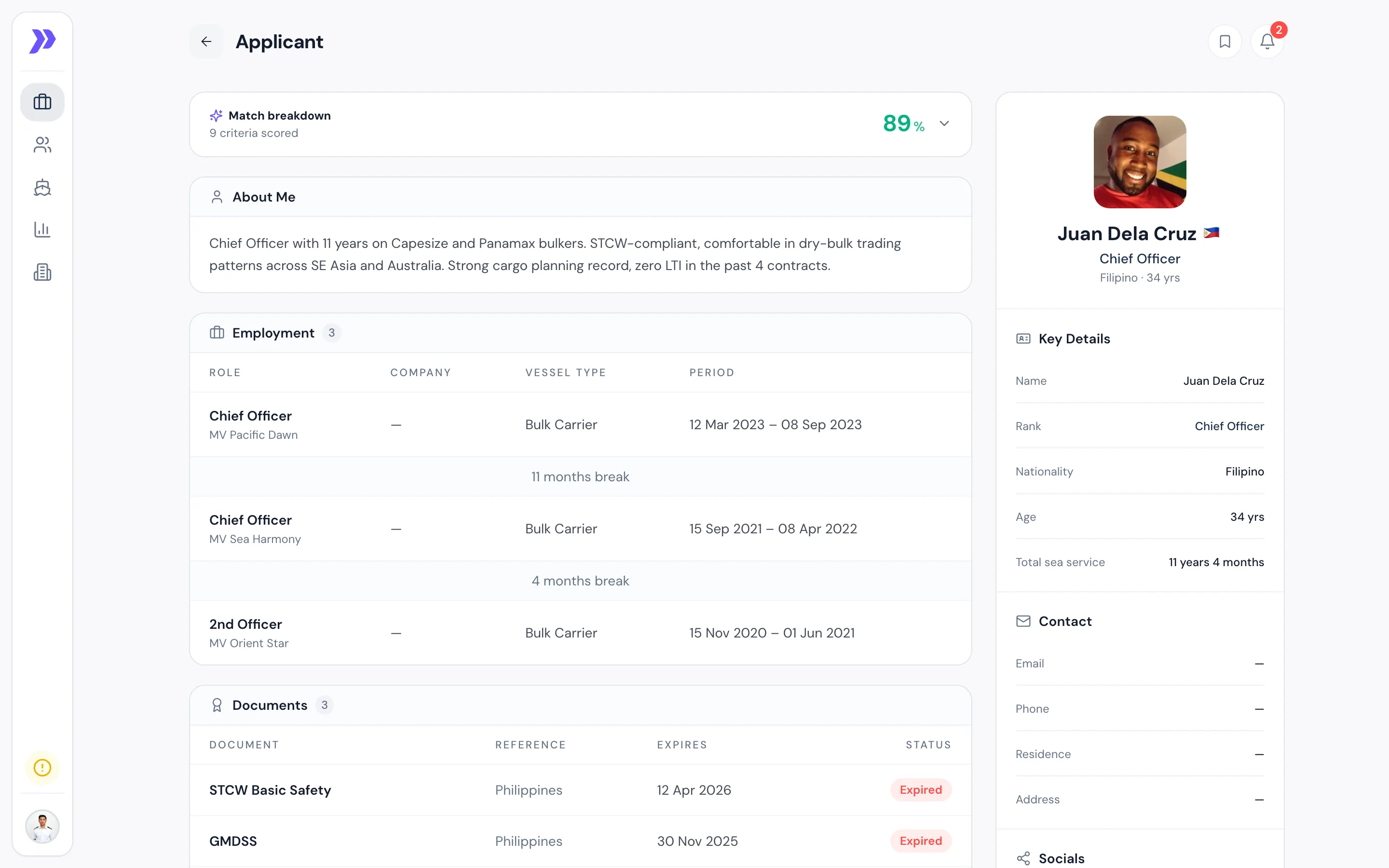 Seafarer profile showing sea service, certificates, availability and vacancy match details.