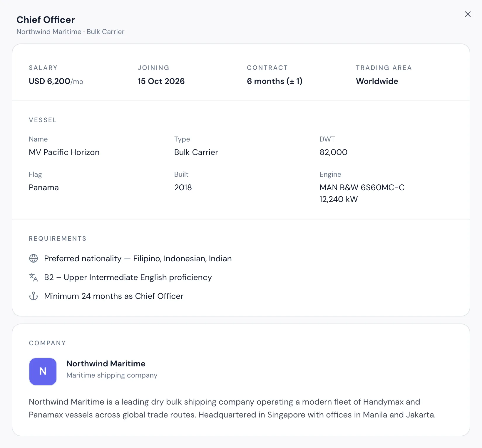 Maritime job posting preview with salary, joining date, contract, vessel details and crew requirements.